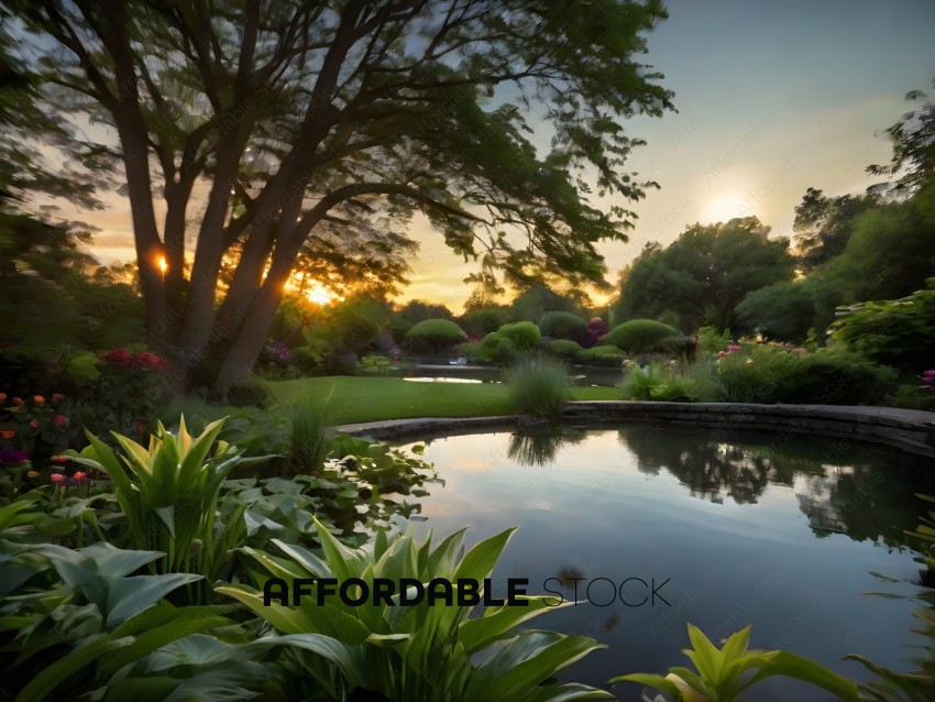 A serene garden with a pond and a tree