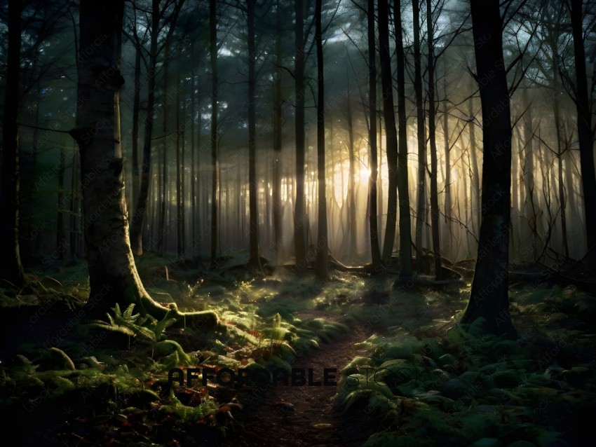 A forest path with sunlight filtering through the trees