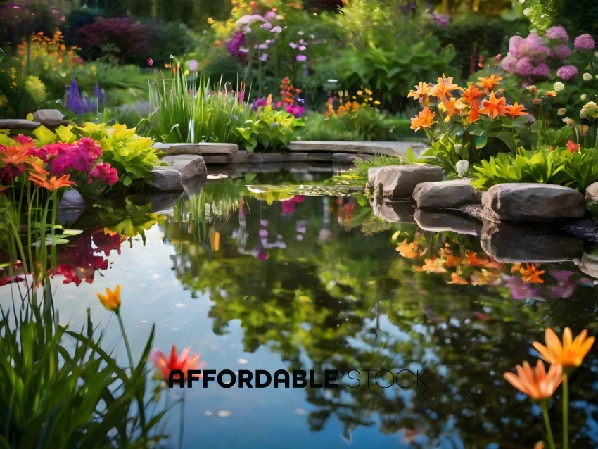 A garden with a pond and flowers