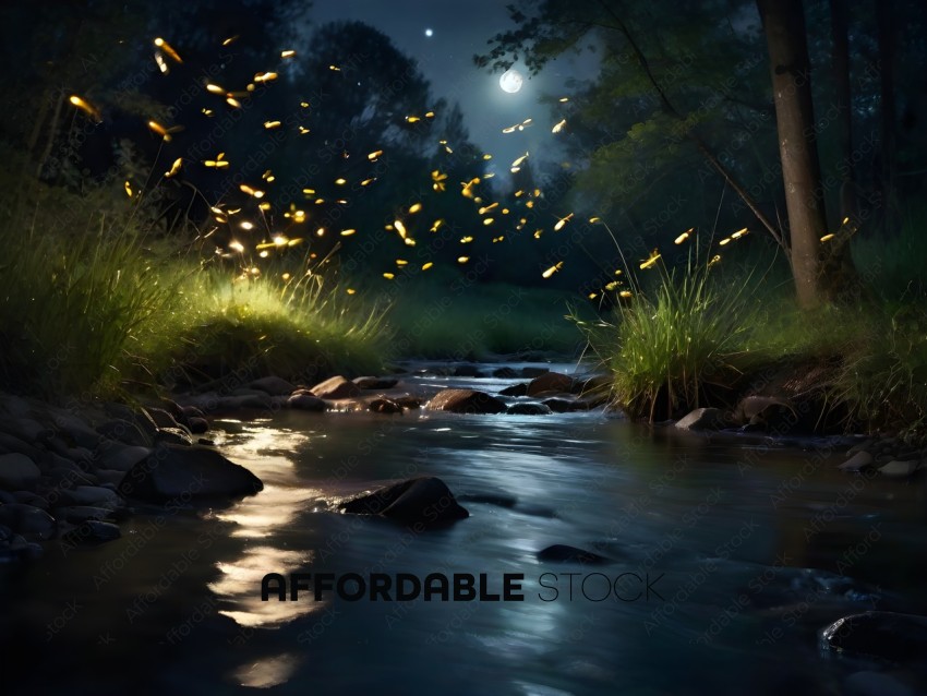 A group of fireflies flying over a stream at night