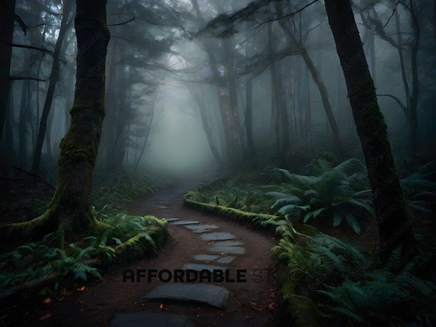 A path through a misty forest with mossy trees