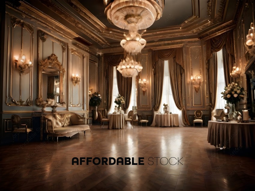A grand ballroom with a chandelier and gold trim