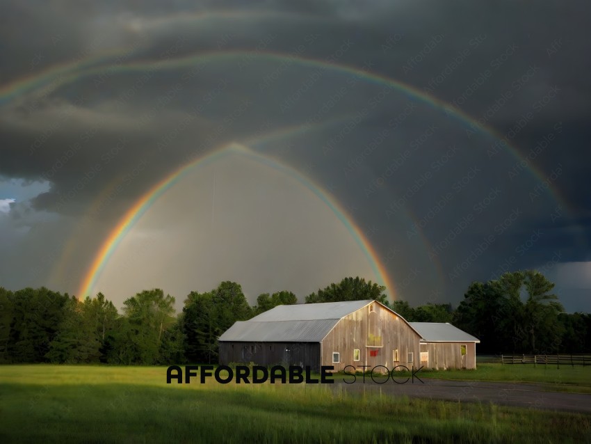 A barn with a rainbow in the background