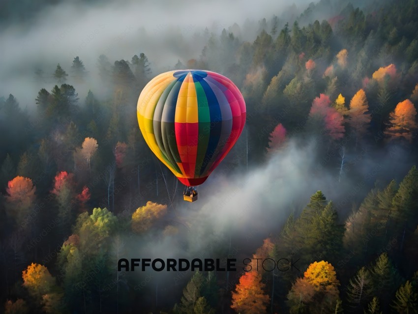 A hot air balloon with a rainbow pattern flies over a forest