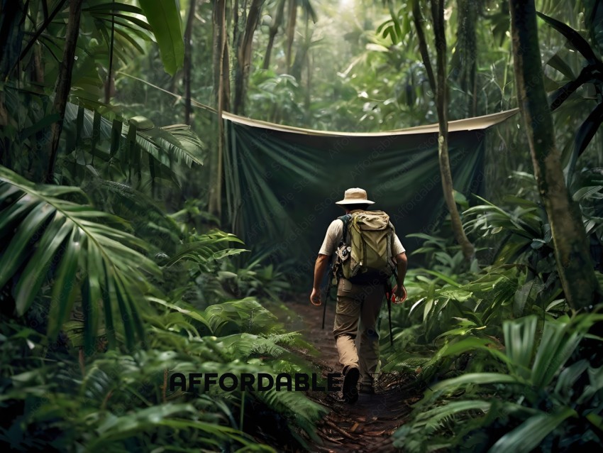 A man in a hat and backpack walking through a jungle