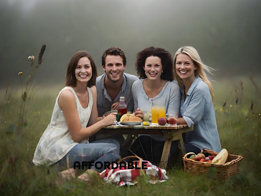 Four friends enjoying a picnic in the park
