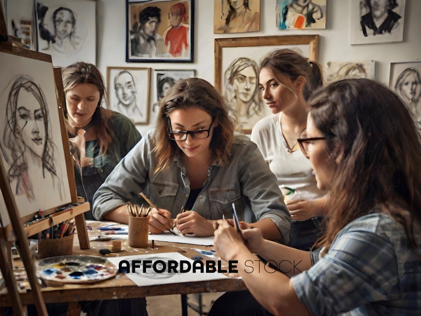 A group of women are sitting at a table drawing