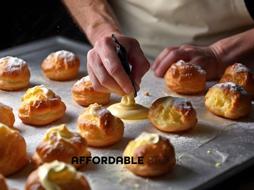 A pastry chef spreading butter on a pastry