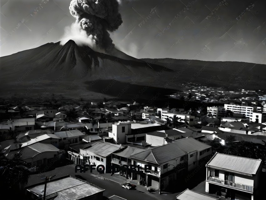A black and white photo of a city with a volcano in the background