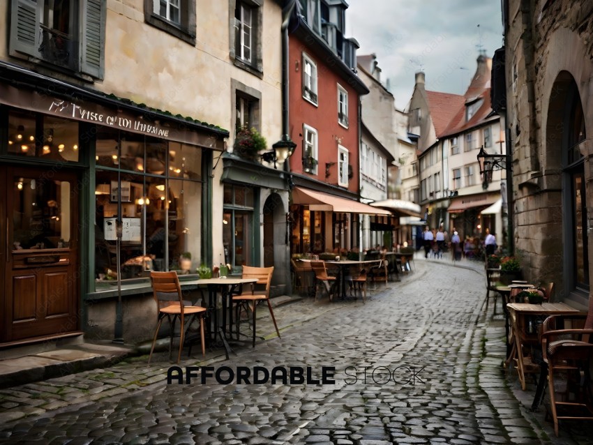A quaint European village with a cobblestone street and shops