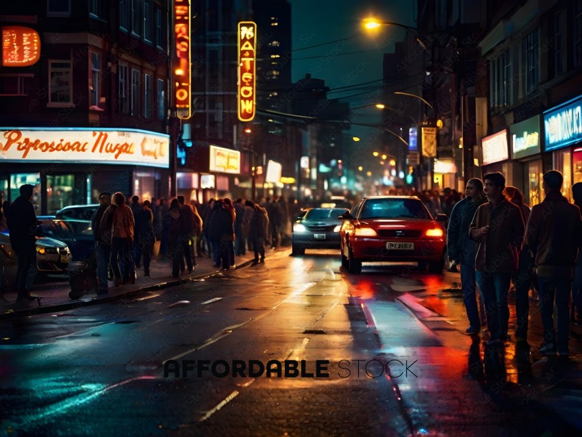 A crowded city street at night