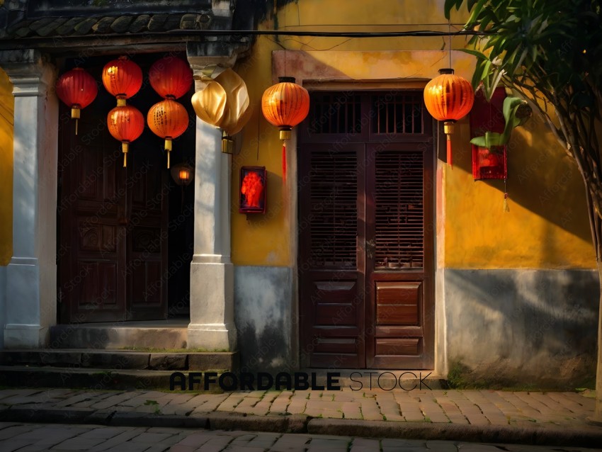 A yellow building with red lanterns hanging from the roof