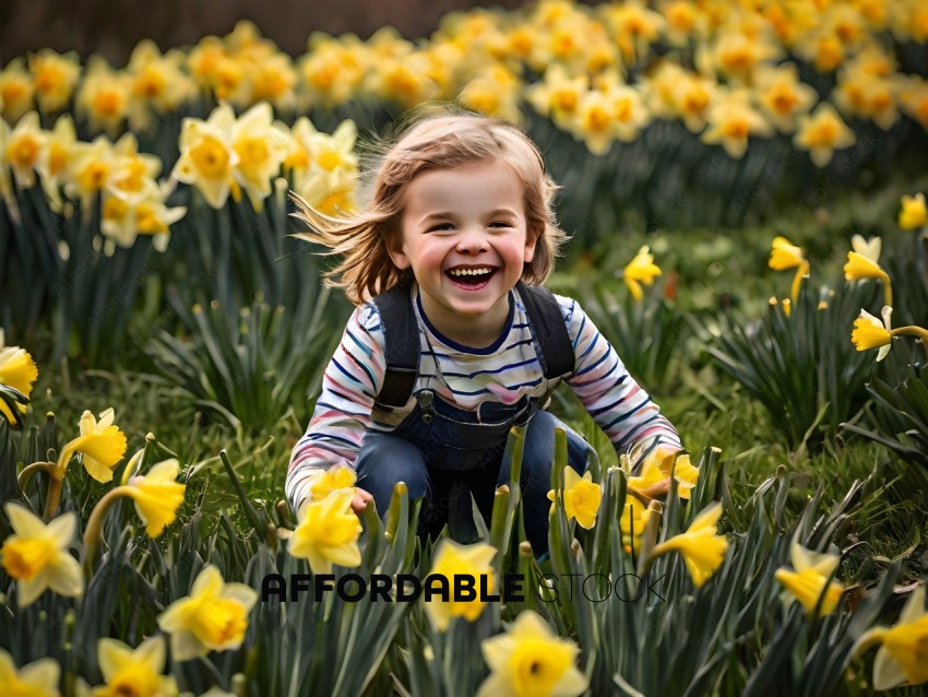 A little girl smiles in a field of yellow flowers