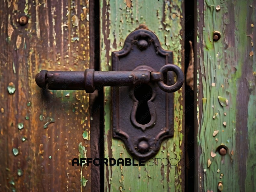 A rusted metal door handle with a keyhole
