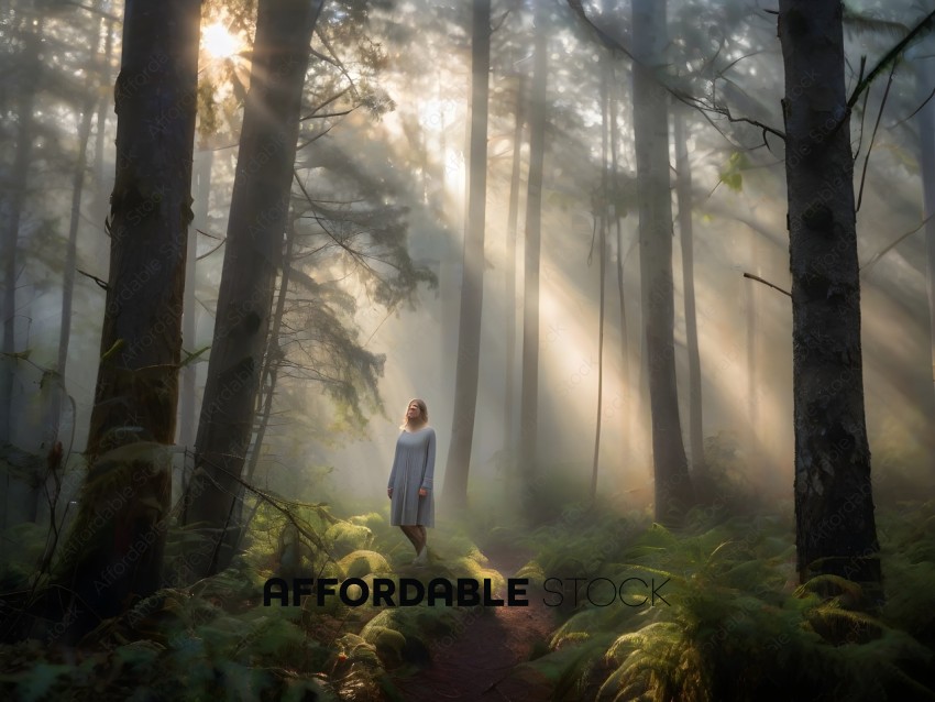 A woman standing in a forest with sunlight streaming through the trees