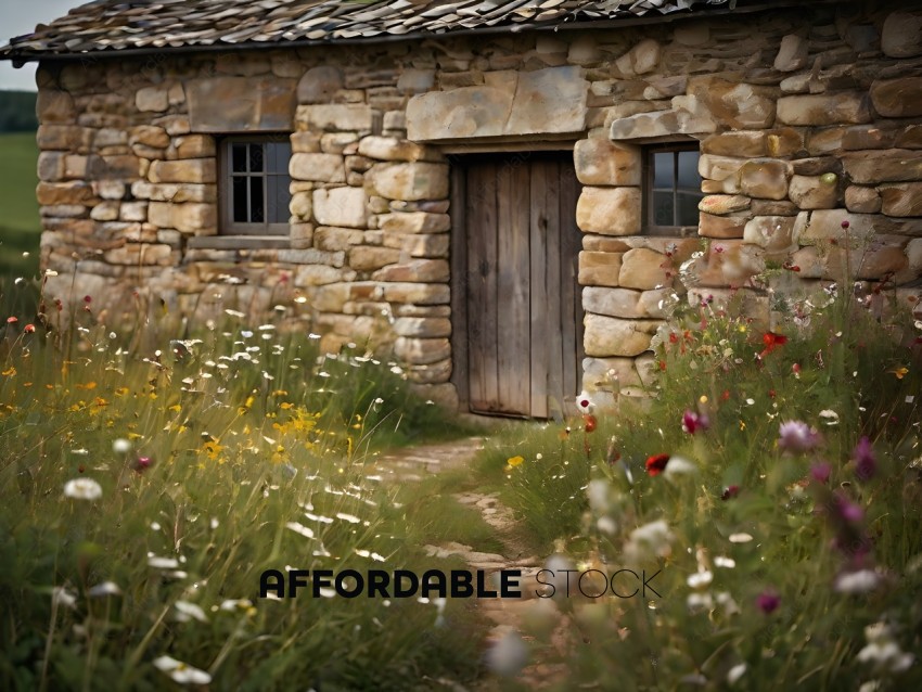 A pathway leads to a stone building with flowers on both sides