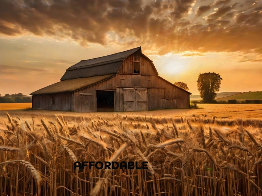 A barn with a silo and a sunset in the background