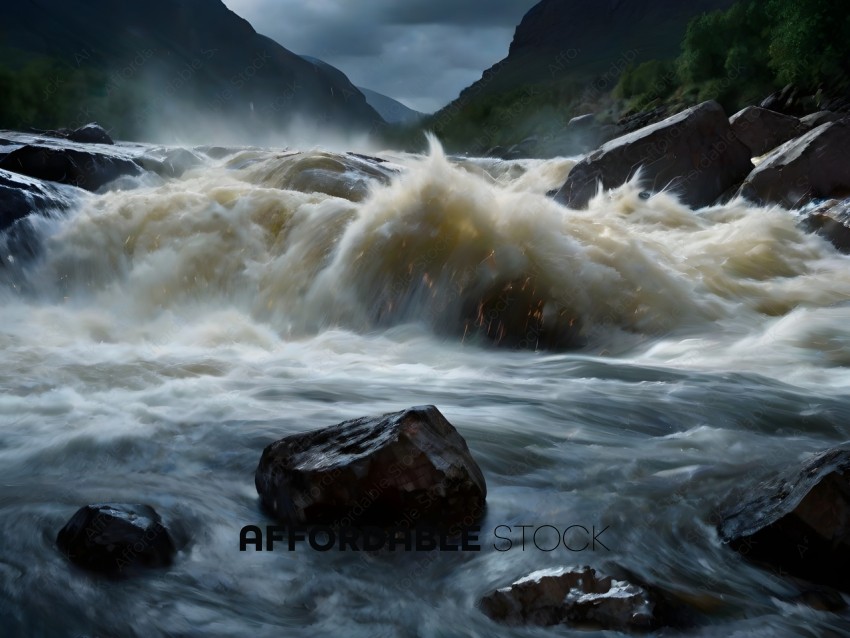 A rocky river with a large wave crashing