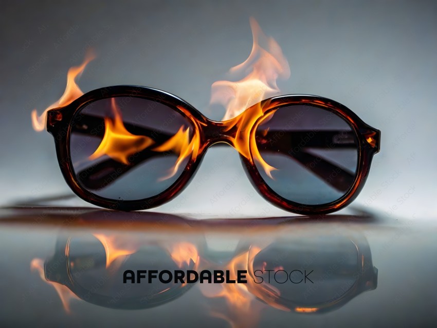 A pair of sunglasses with fire in the background