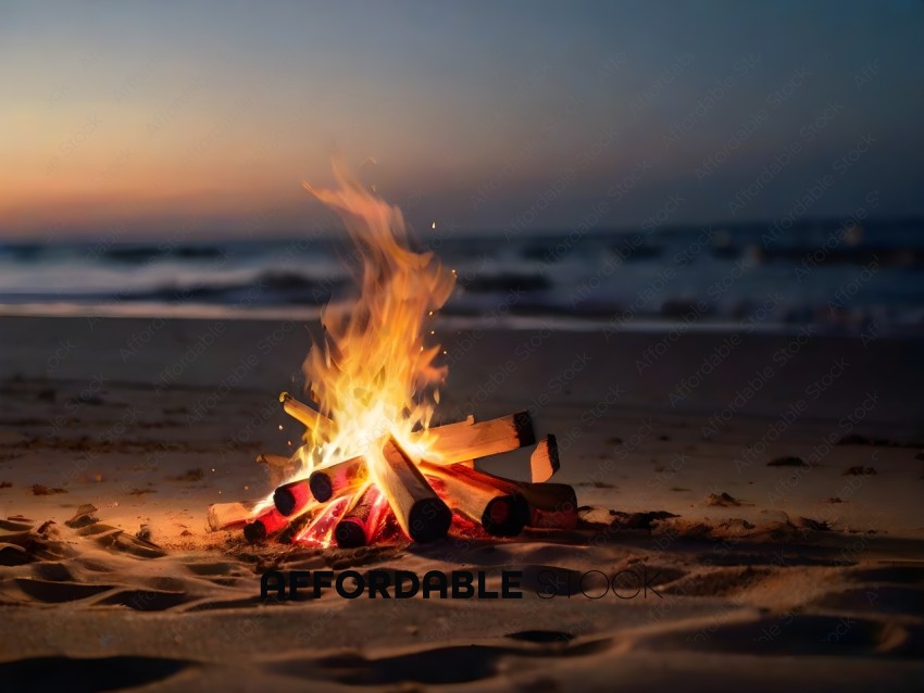 A fire on the beach with a beautiful sunset in the background