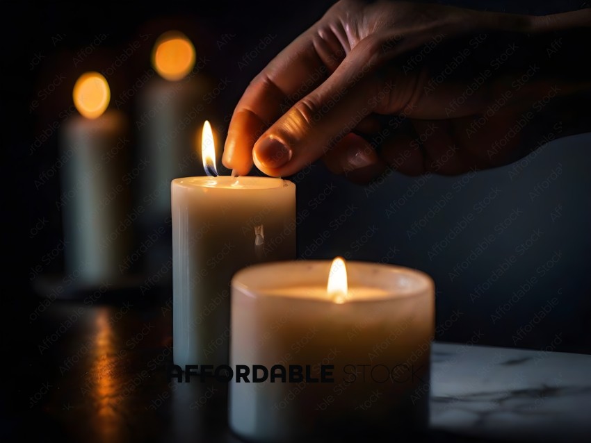 A person is lighting a candle on a table