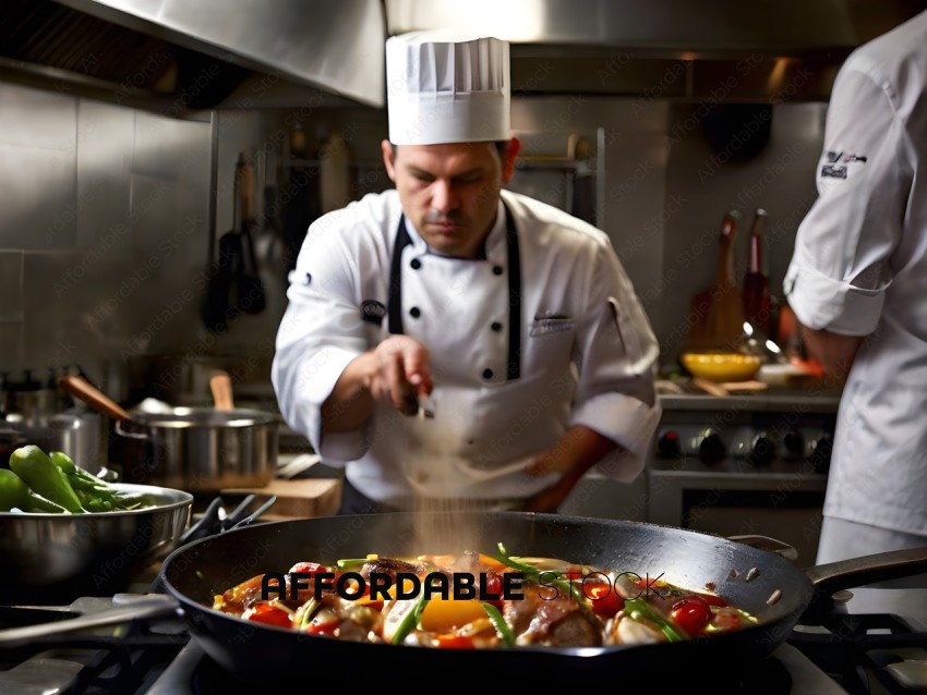 A chef pouring seasoning into a dish