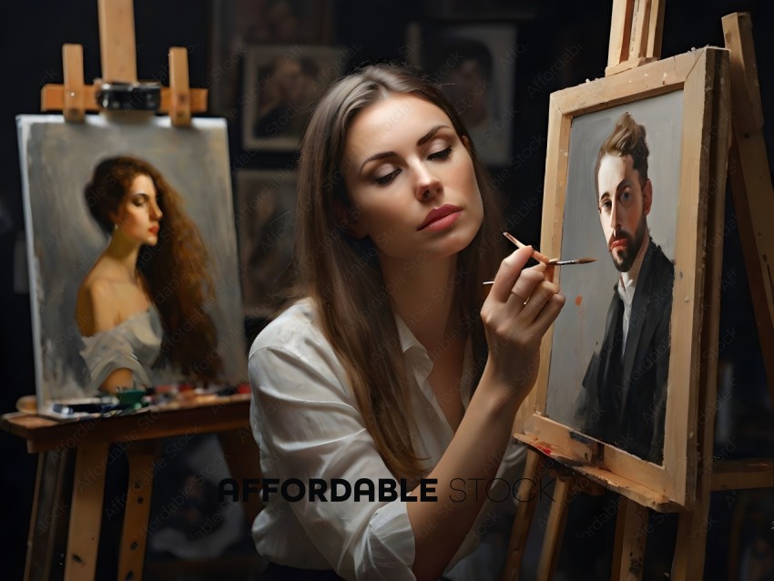 A woman painting a portrait of a man
