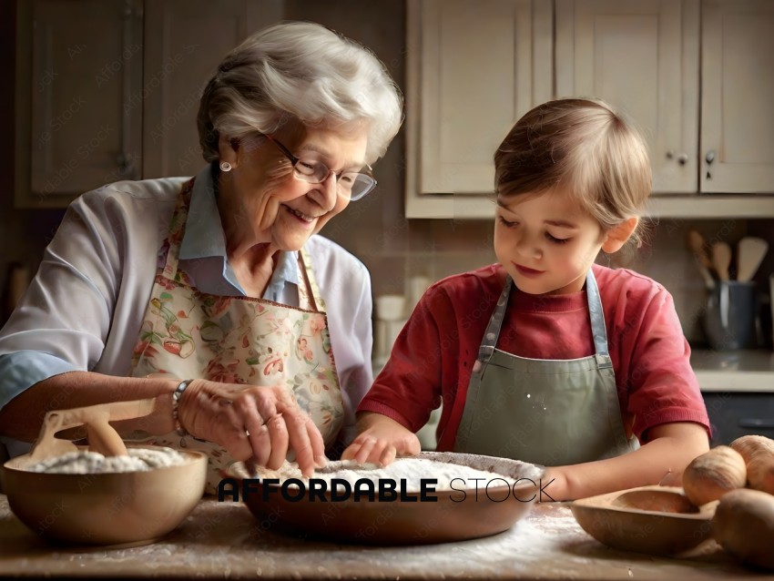 An elderly woman and a young boy are making bread together