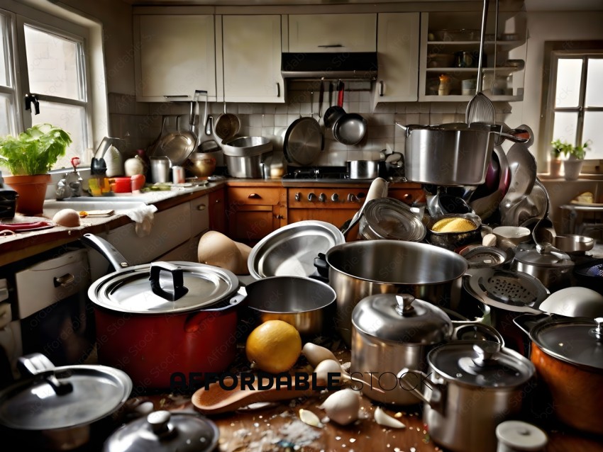 A messy kitchen with pots, pans, and other kitchen items