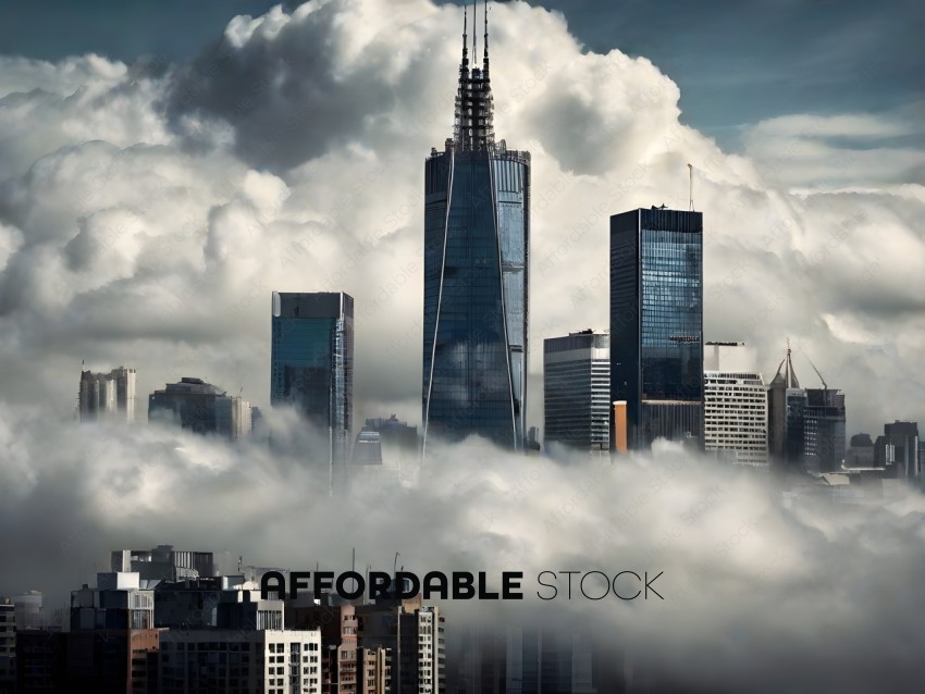 A city skyline with a cloudy sky