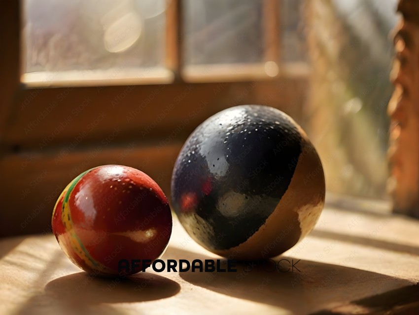Two balls, one red, one black, sitting on a table