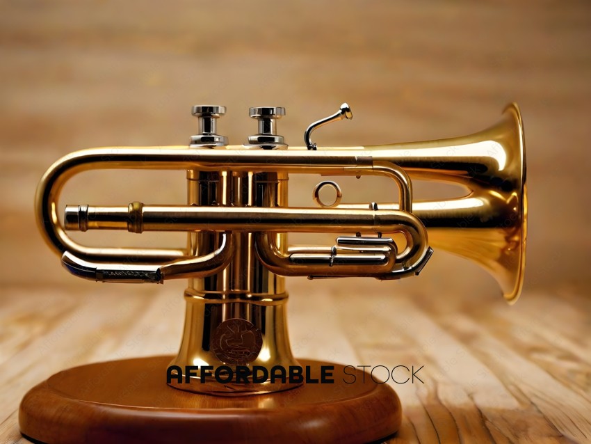 A gold brass instrument with a wooden base