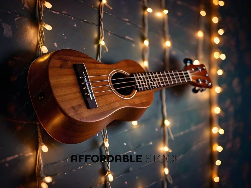 A small brown guitar with lights behind it