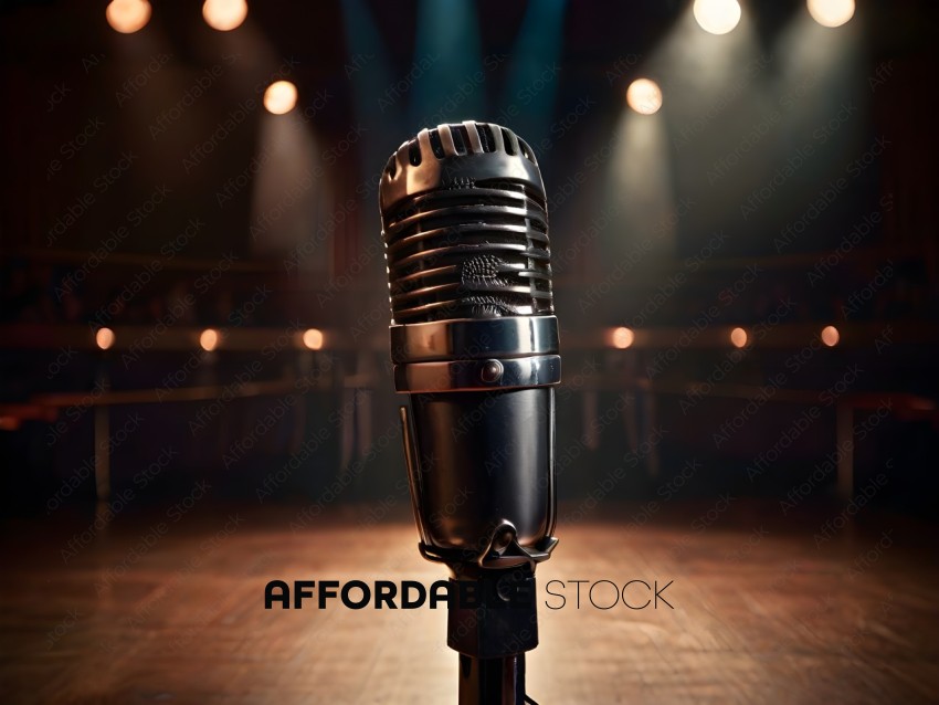 A microphone on a stage with a spotlight