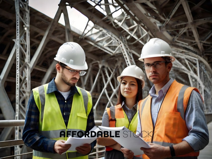 Three construction workers looking at blueprints