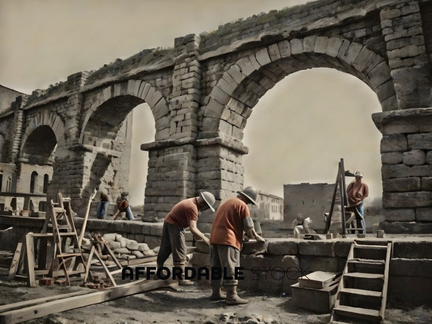 Workers rebuilding a stone archway