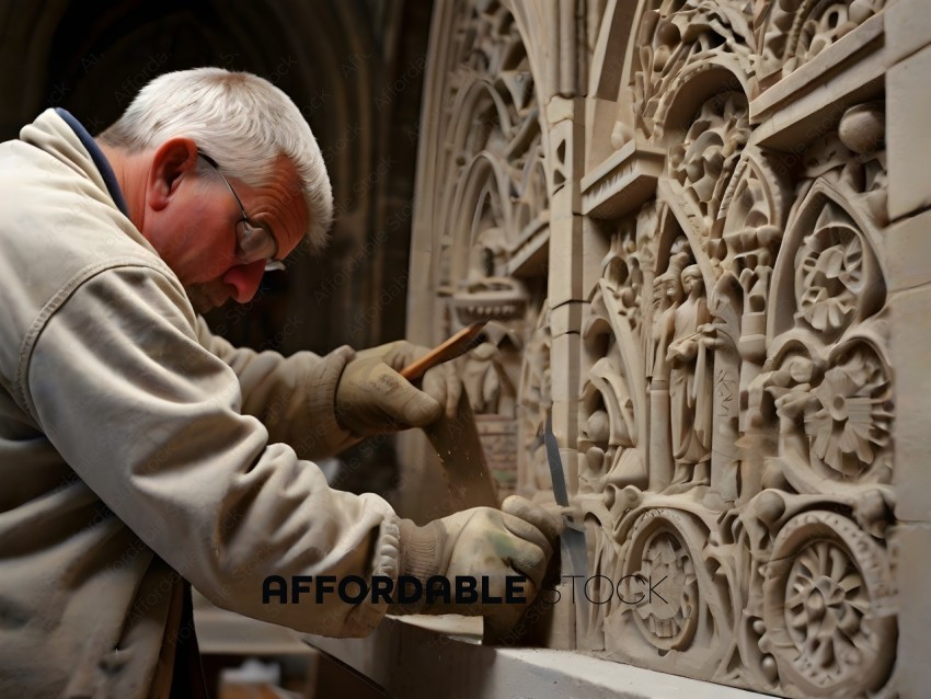 A man working on a carving of a building