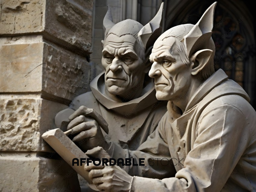Two statues of men looking at a book