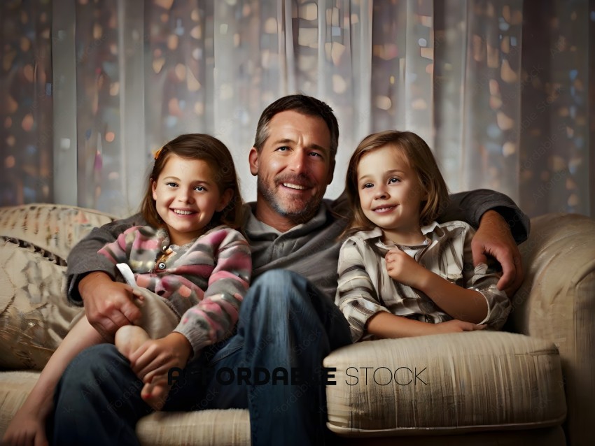 A family poses for a picture on a couch