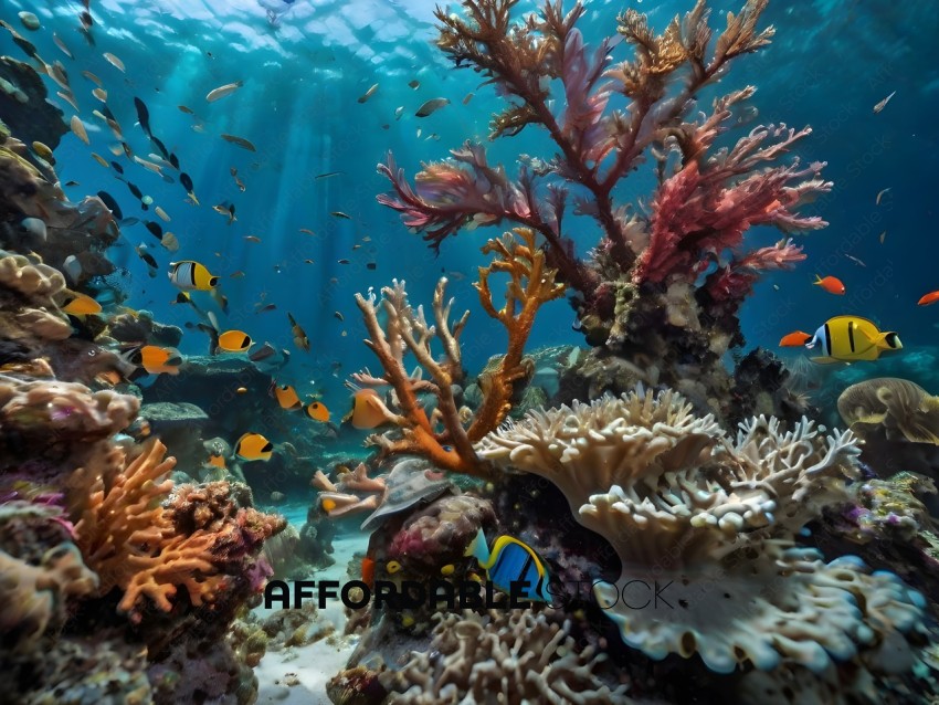 A colorful coral reef with a variety of sea creatures