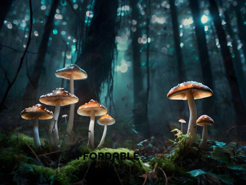 Mushrooms in a forest with a tree in the background