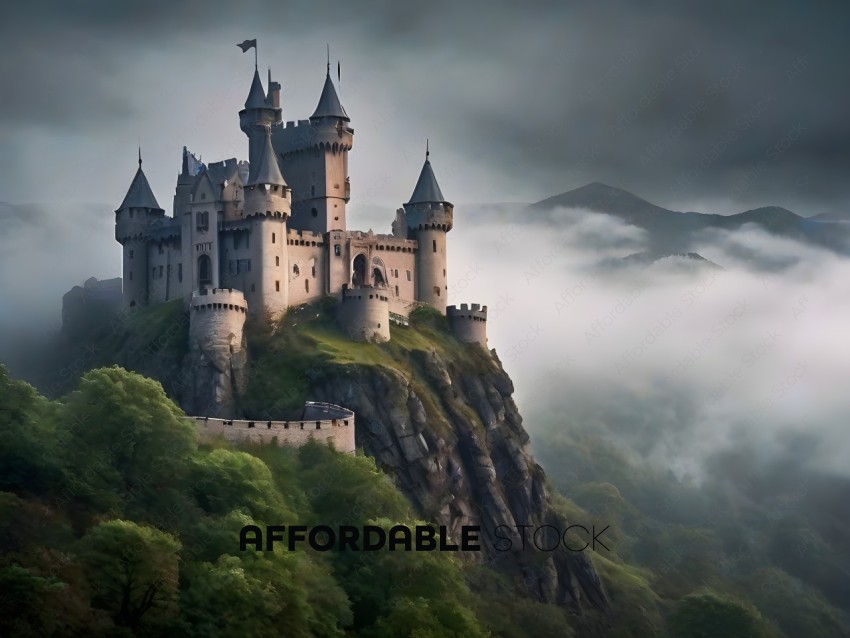 A castle on a hill with fog in the background
