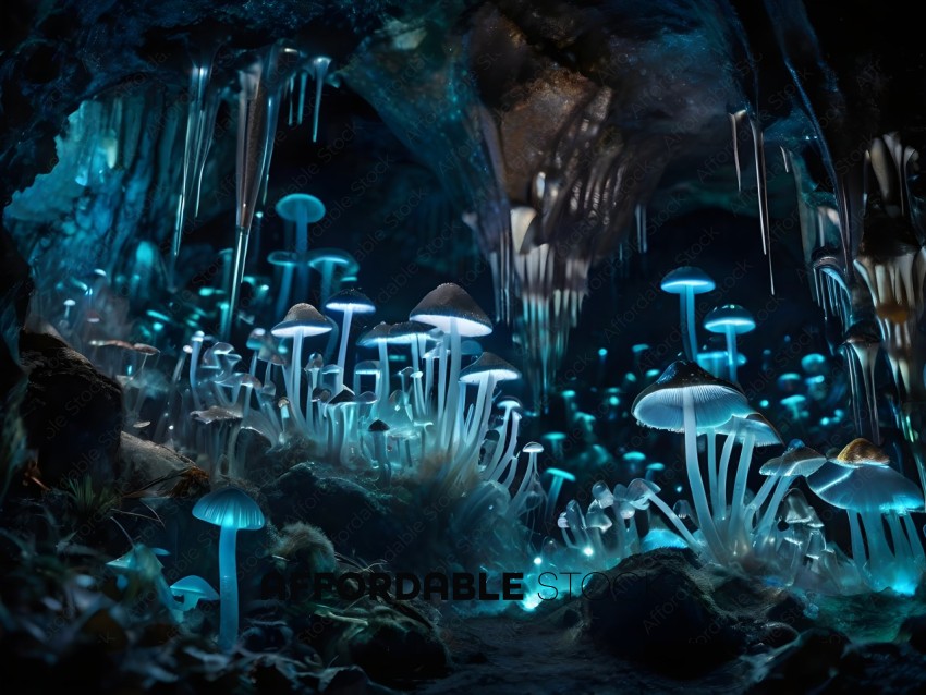A group of mushrooms with blue lights