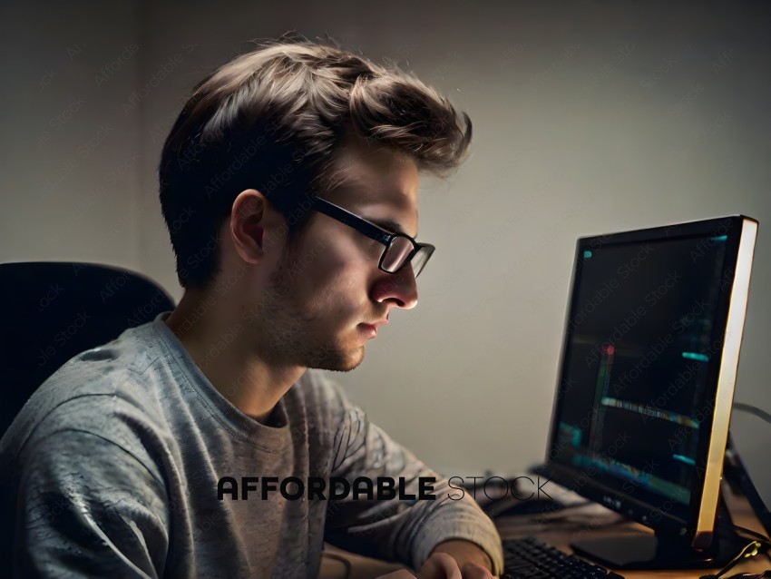 Man with glasses and gray shirt working on computer