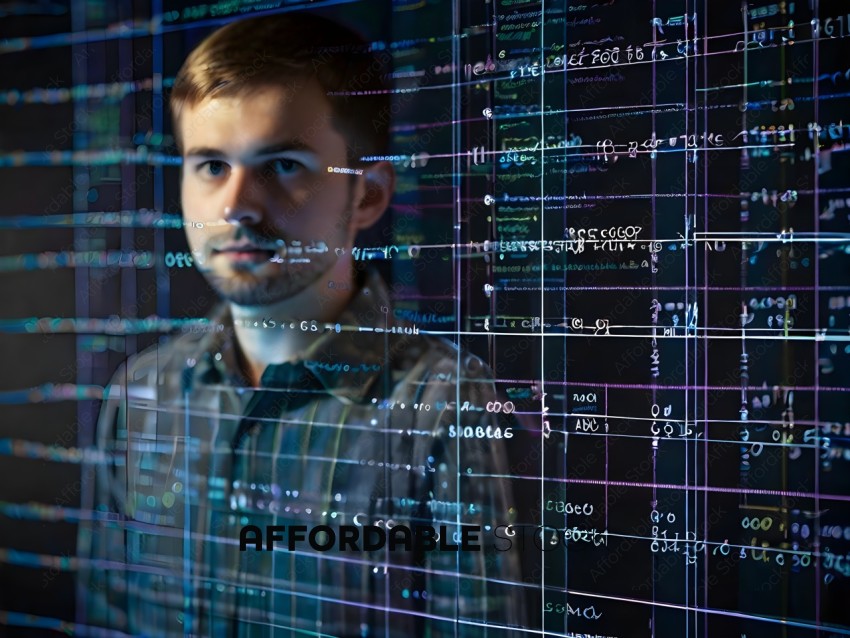 A man with a beard and a plaid shirt standing in front of a screen of code
