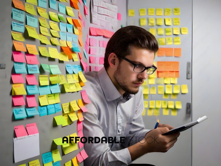 Man with glasses writing on paper in front of a wall of sticky notes
