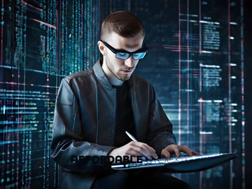 Man wearing glasses and writing on a laptop