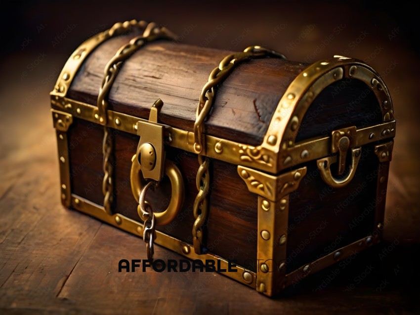 A golden chest with a chain and lock