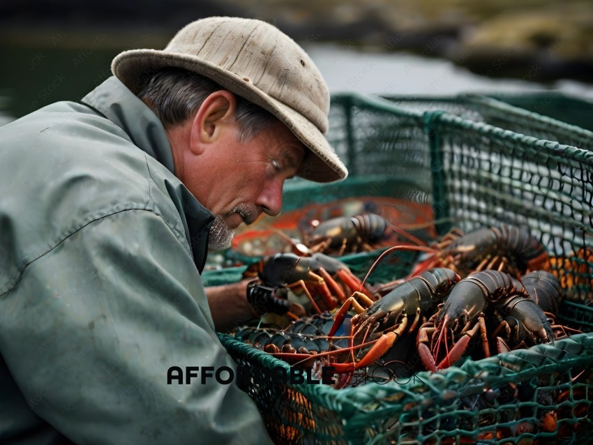 Man in a green jacket looking at a basket of crabs