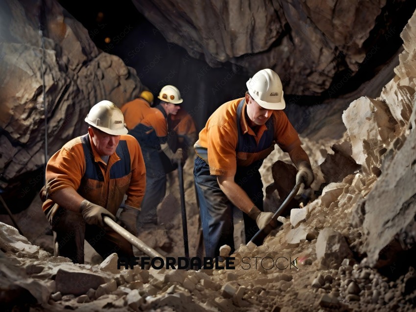 Three men working in a rocky tunnel